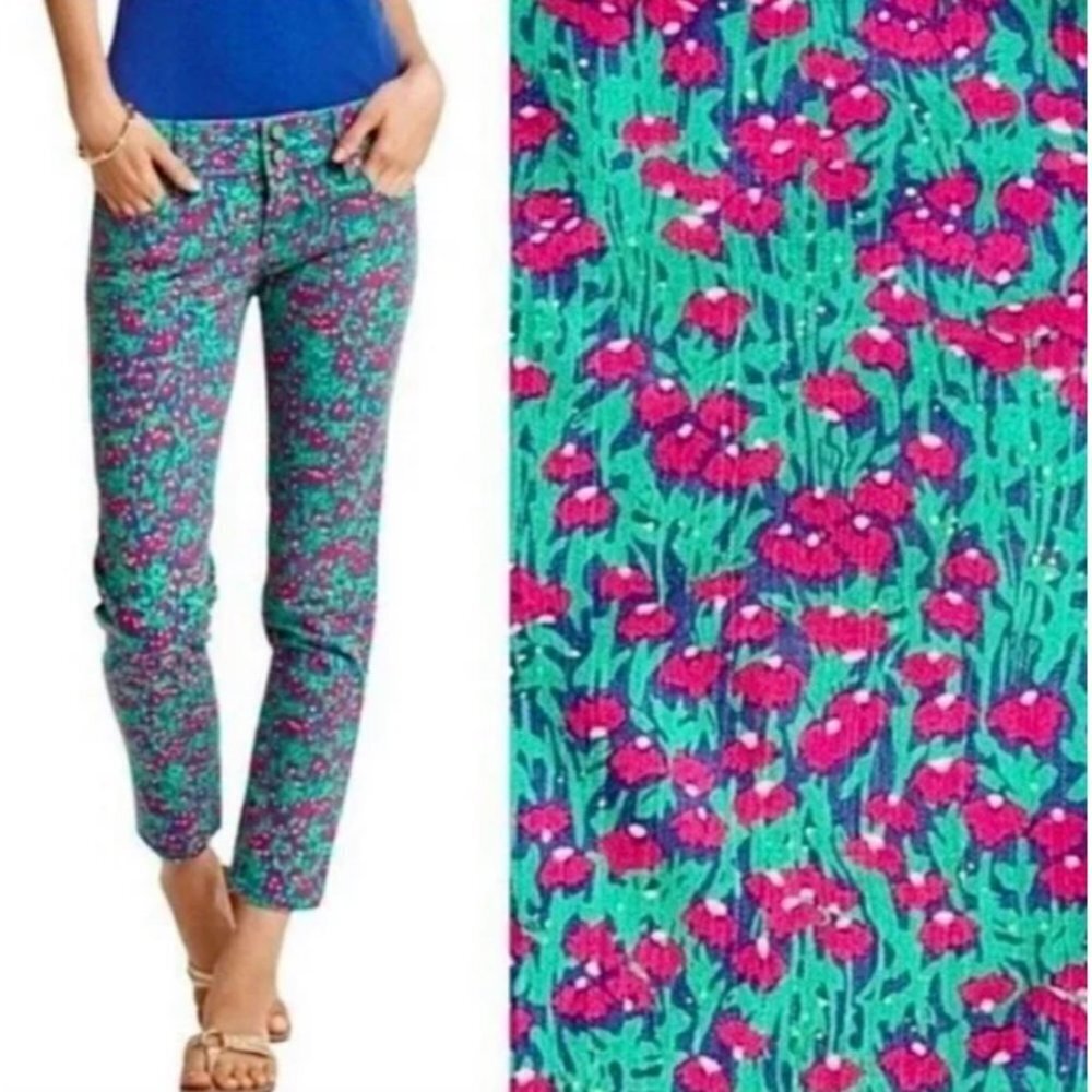 Lilly Pulitzer Worth Skinny Mini Jeans Green and Pink Floral Cotton Size 6